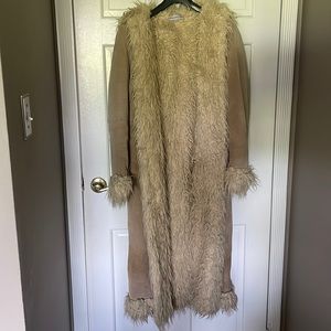 100% Leather Suede Faux Shearling Midi Coat Size M Beige Tan Full Length Y2K